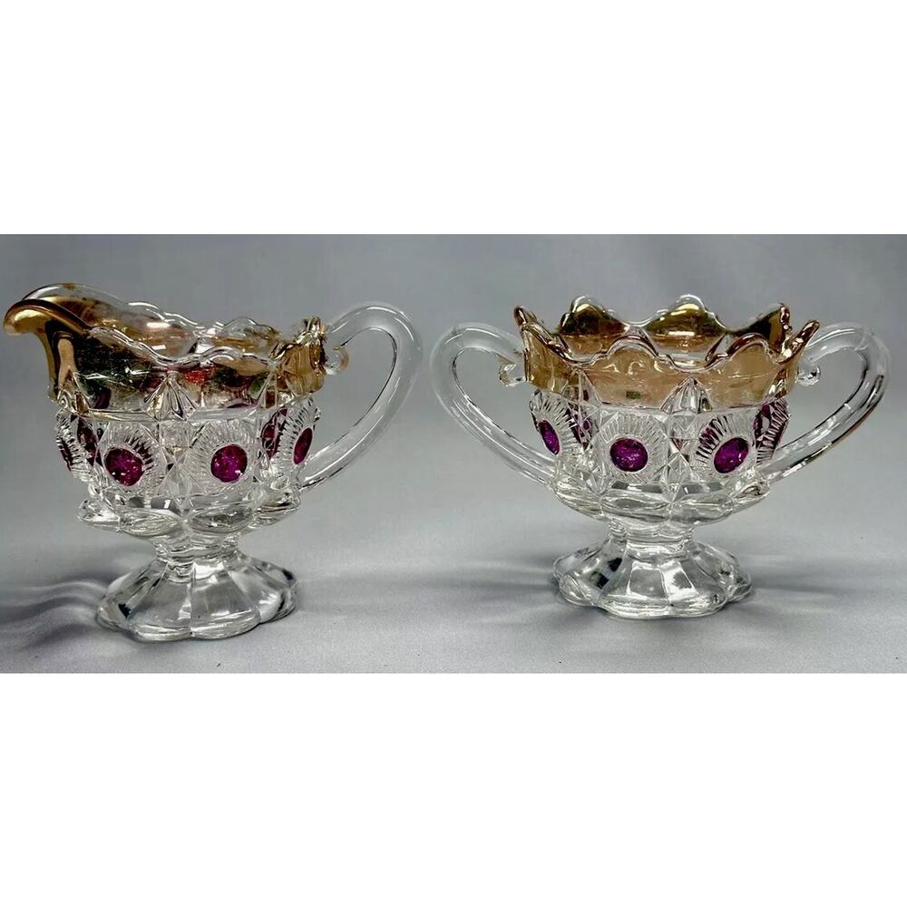 EAPG U.S. Glass Newport Bulls Eye & Daisy Gilded Ruby Stain Cream Sugar Set